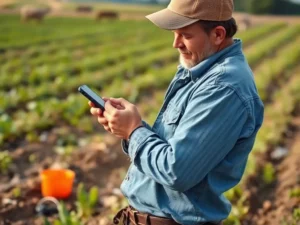 Farmer using a mobile phone on the farm to improve connection in rural areas and stay connected to essential farm data.