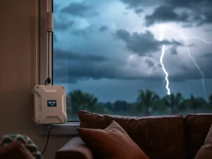 Mobile network booster inside house near window, with storm visible outside, enhancing signal during bad weather.