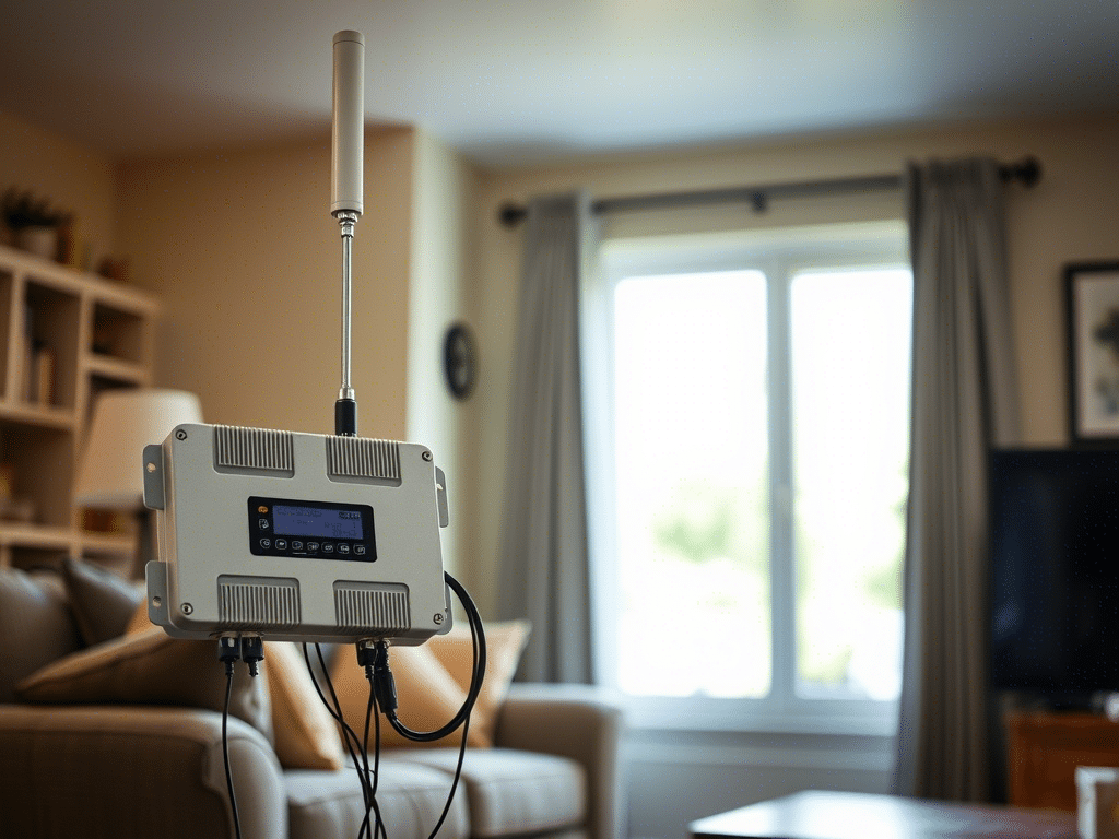 Mobile signal booster indoors enhancing mobile coverage for better reception and connectivity.