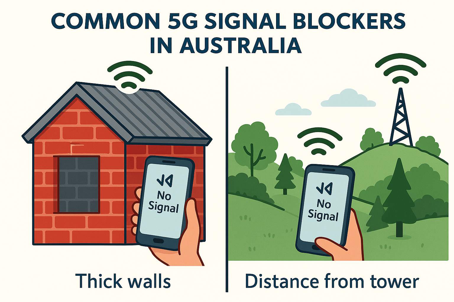 Phone inside a brick house with metal roof showing weak signal due to common obstacles that block signal like buildings and distance in Australia.