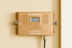 A Vodafone signal booster installed on a wall, improving Vodafone signal strength indoors
