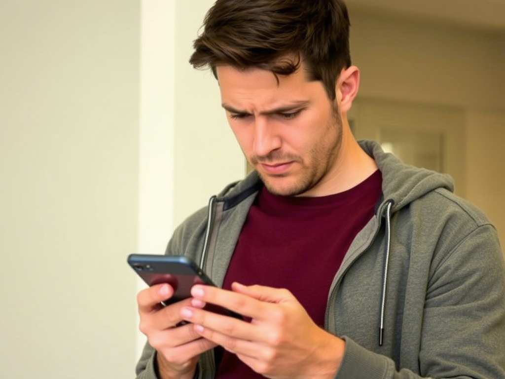 Man standing indoors frustrated by weak Optus mobile signal and poor reception