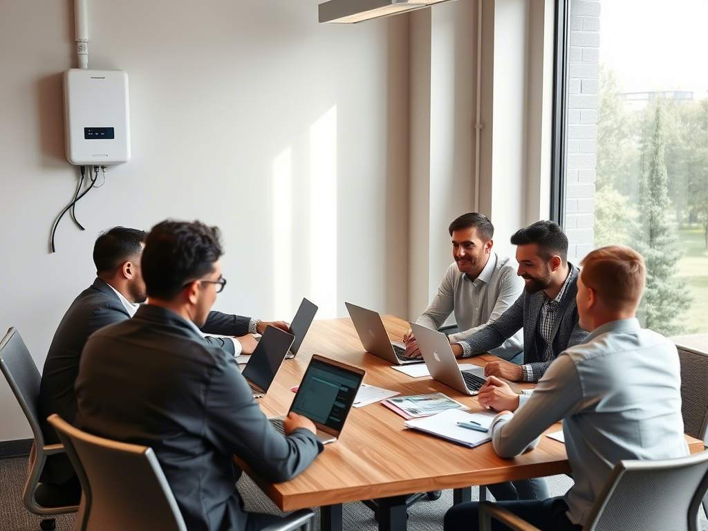 Office with a phone repeater setup, team of men happily working together