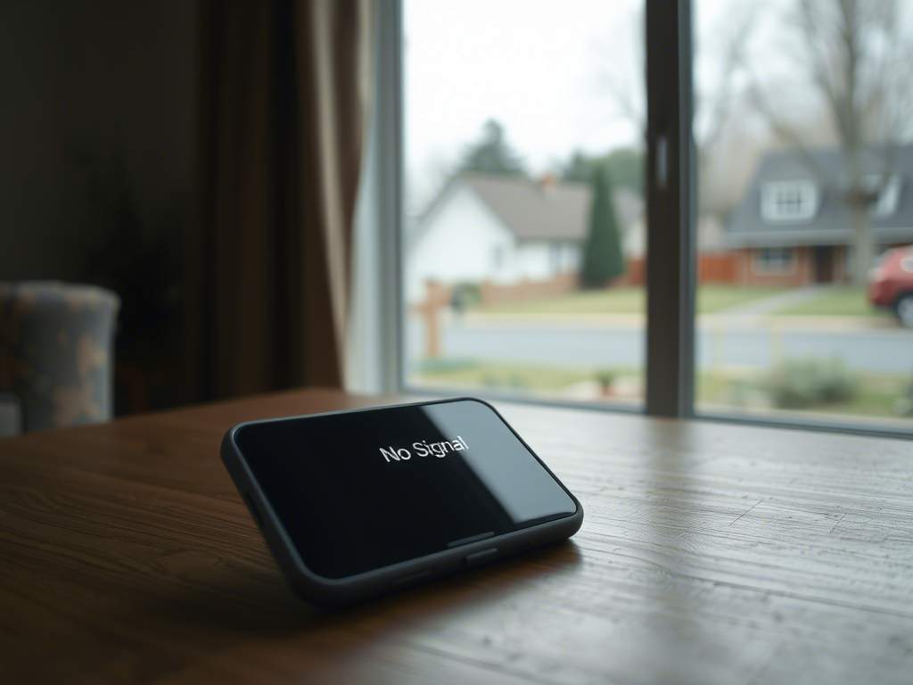 Phone displaying no signal, indicating poor reception indoors.