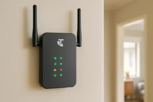 A Telstra signal booster securely installed on a wall, with cables connected and LED indicators lit, improving mobile signal inside the room.