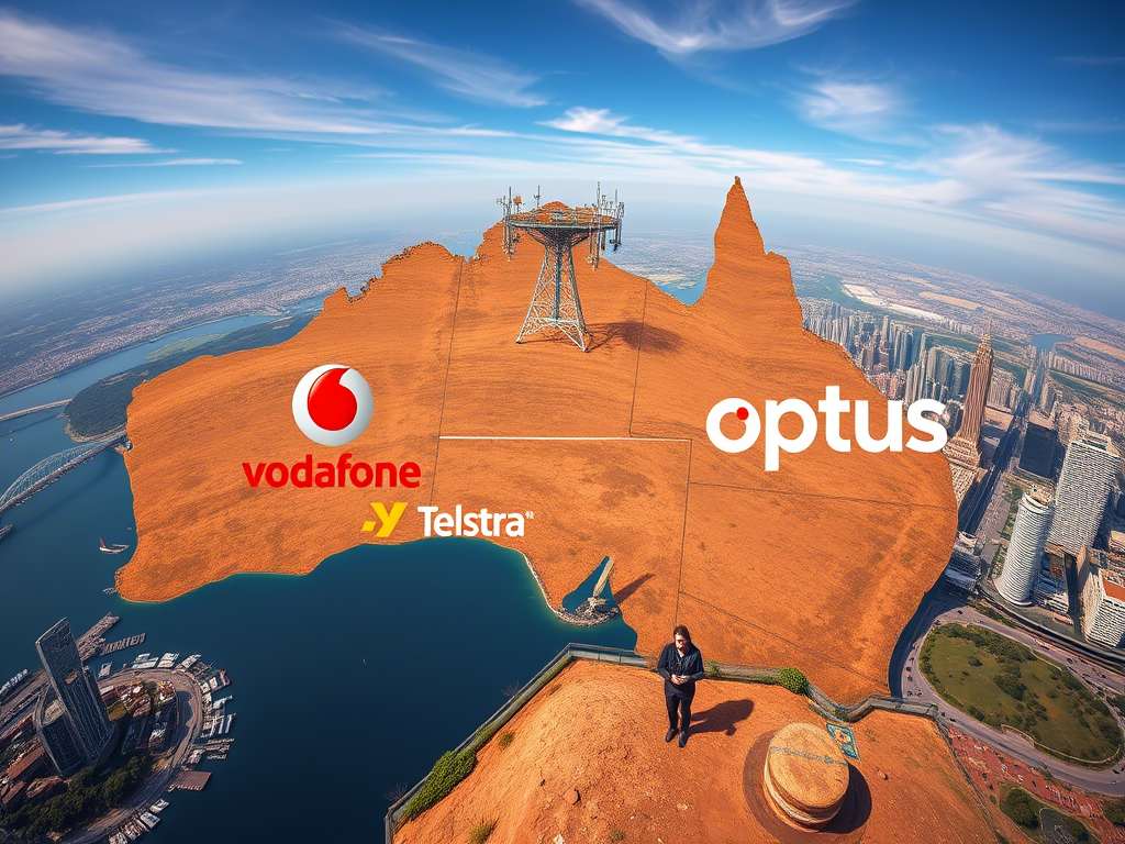 Map of Australia showing mobile coverage differences between Vodafone, Telstra, and Optus, highlighting rural gaps and urban strength zones for each provider.
