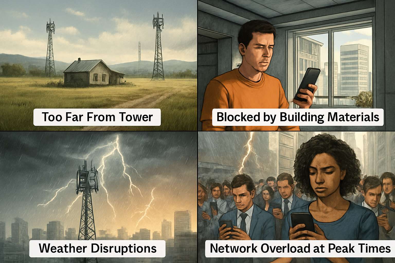 A visual breakdown of Telstra signal blockers: a remote home far from a tower, city buildings with thick walls and metal roofs, peak-hour crowd causing network overload, and stormy weather disrupting signal with rain, heat, and lightning.