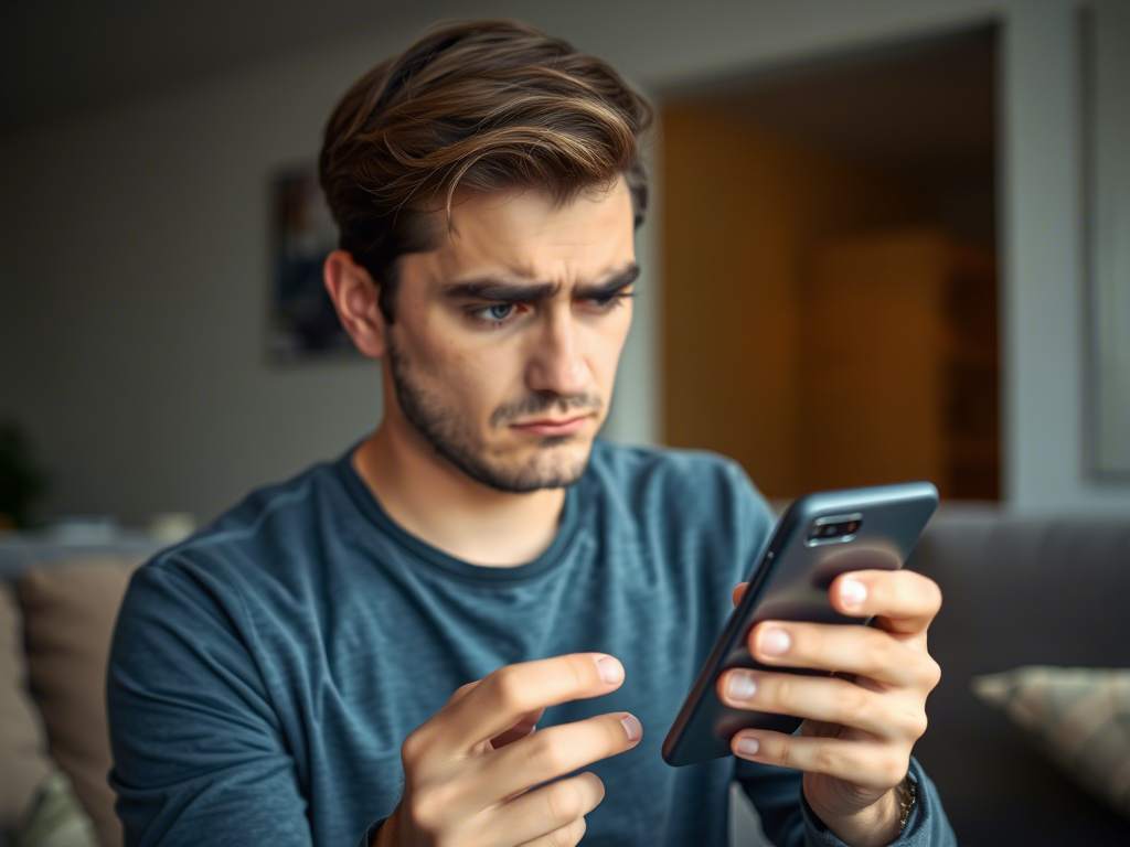 A man holding his mobile phone annoyed by the weak reception 
