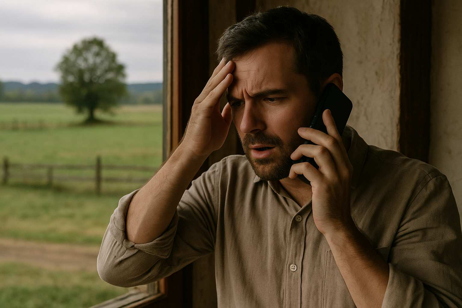 A person standing indoors in a rural house, holding a phone up while trying to make an emergency call due to poor mobile reception.