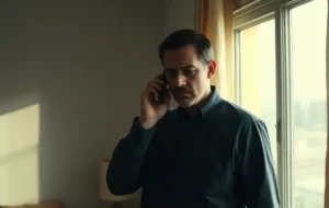 Person holding phone near a window inside a house, trying to make a phone call hoping for better mobile signal