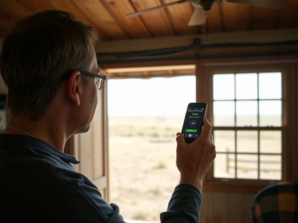 A man standing inside a rural property checking his phone with strong signal after installing a mobile signal booster system