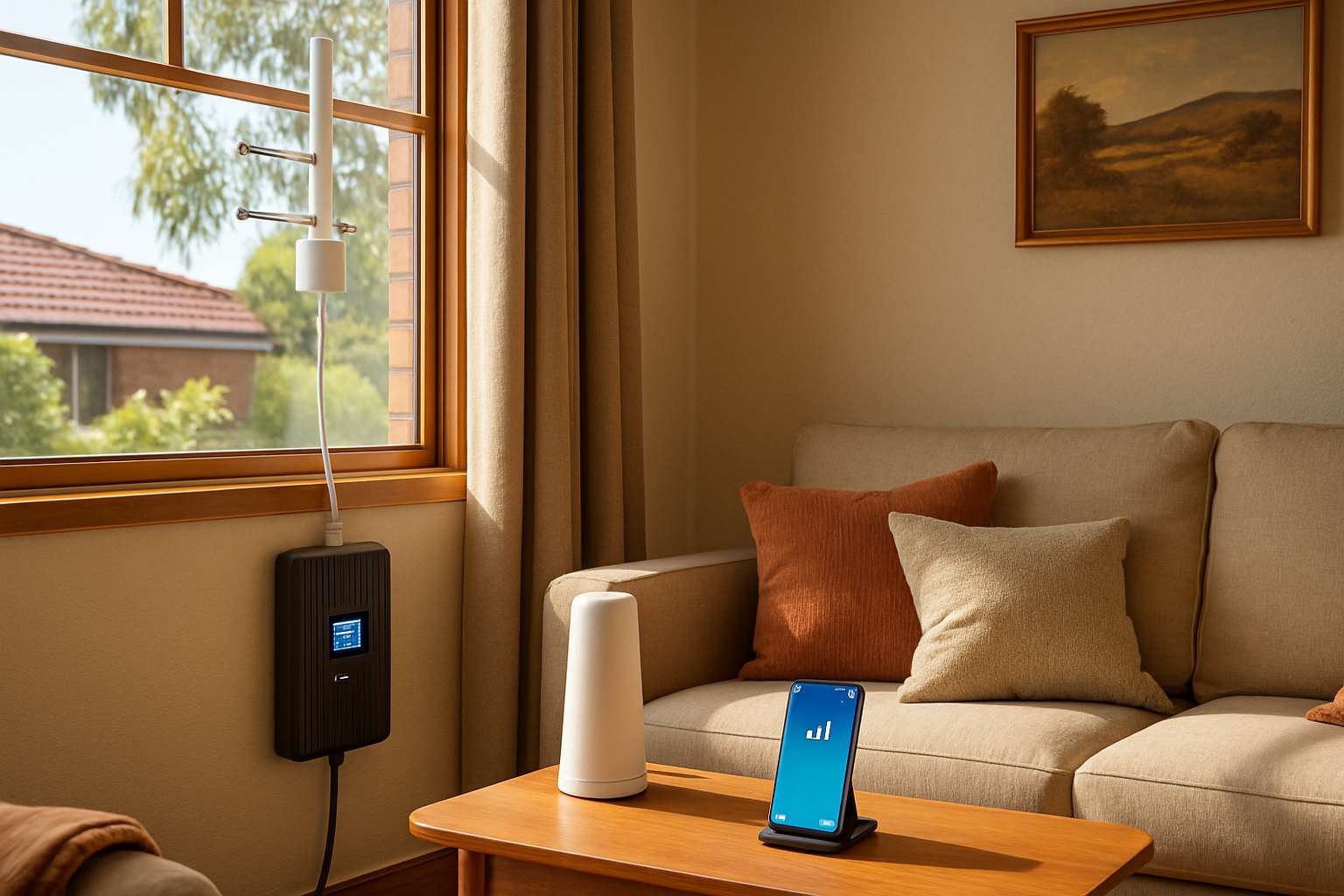  Mobile signal booster unit mounted on an interior wall with visible antenna and cables