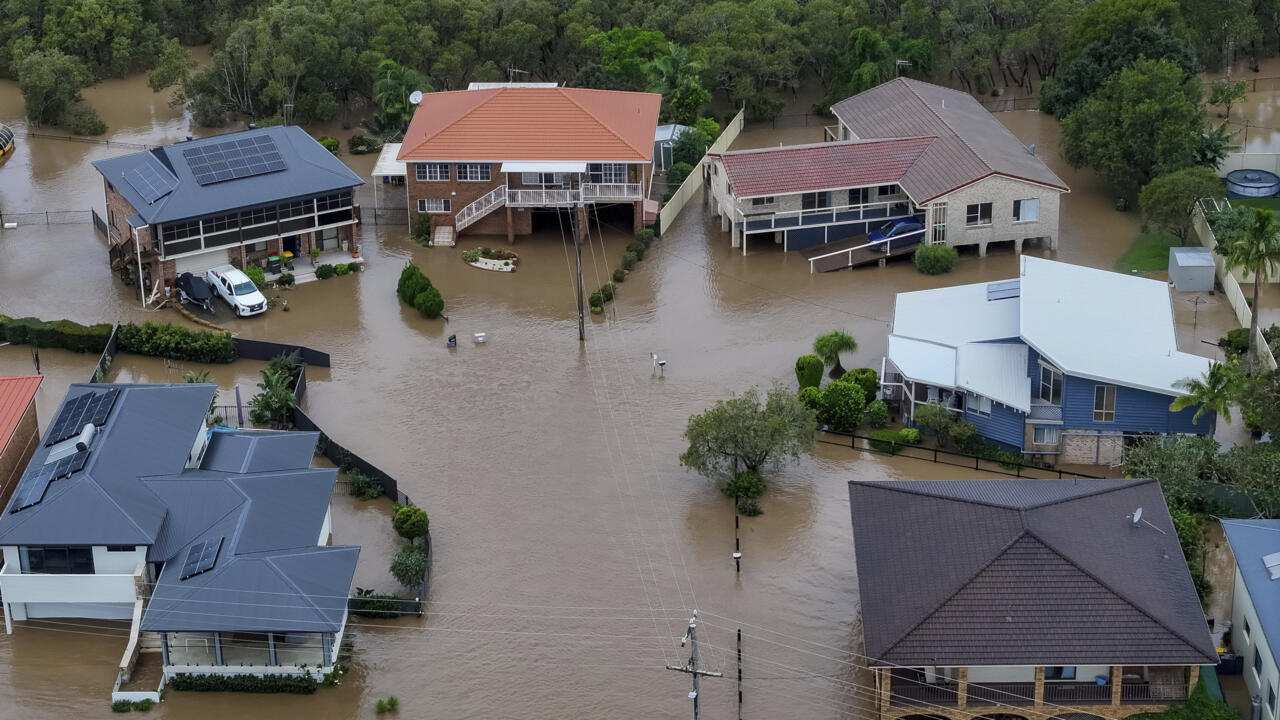 Aerial view of floodwaters covering homes and roads in northern Victoria, Australia during the 2022 floods that impacted rural towns across multiple states